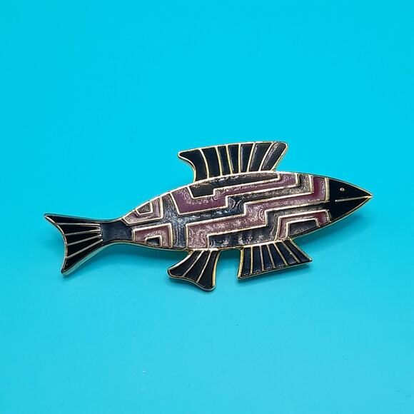 Vintage Laurel Burch Fish Brooch, Cloisonné Enamel Black Brown, Gold Plated 1980 - Picture 5 of 10